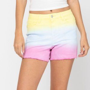 Judy Blue LARGE Dip Dyed Multicolored High Rise Frayed Hem Cutoff Jean Shorts